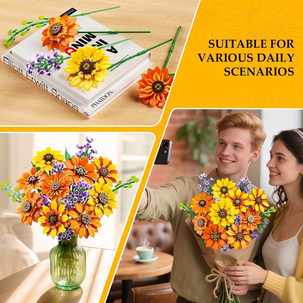 Flowers Sunflower Bouquet Building Set With Lights - 17 Flowers Botanical  Artificial Plant Sunflower Building Blocks Art Home Decor Easter Gifts For Adults Women Girl