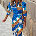 Fashion Printed Shirt Dress With Belt Slim Fit Three-quarter Sleeve Lapel Dress For Women Clothing
