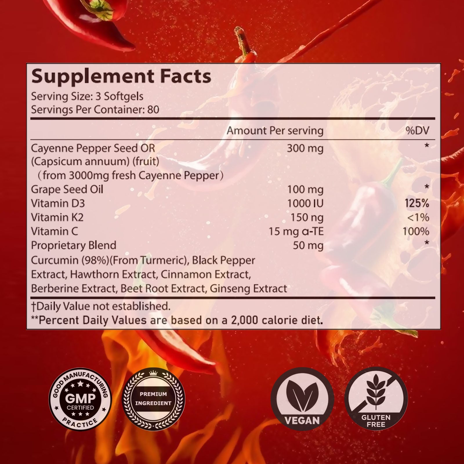 Chili Pepper Softgel Supplement To Support Leg Vein, Heart, And Vascular Health. Contains Vitamins C, D3, And K2, As Well As Extracts Of Grape Seed, Hawthorn, Cinnamon, And Beetroot