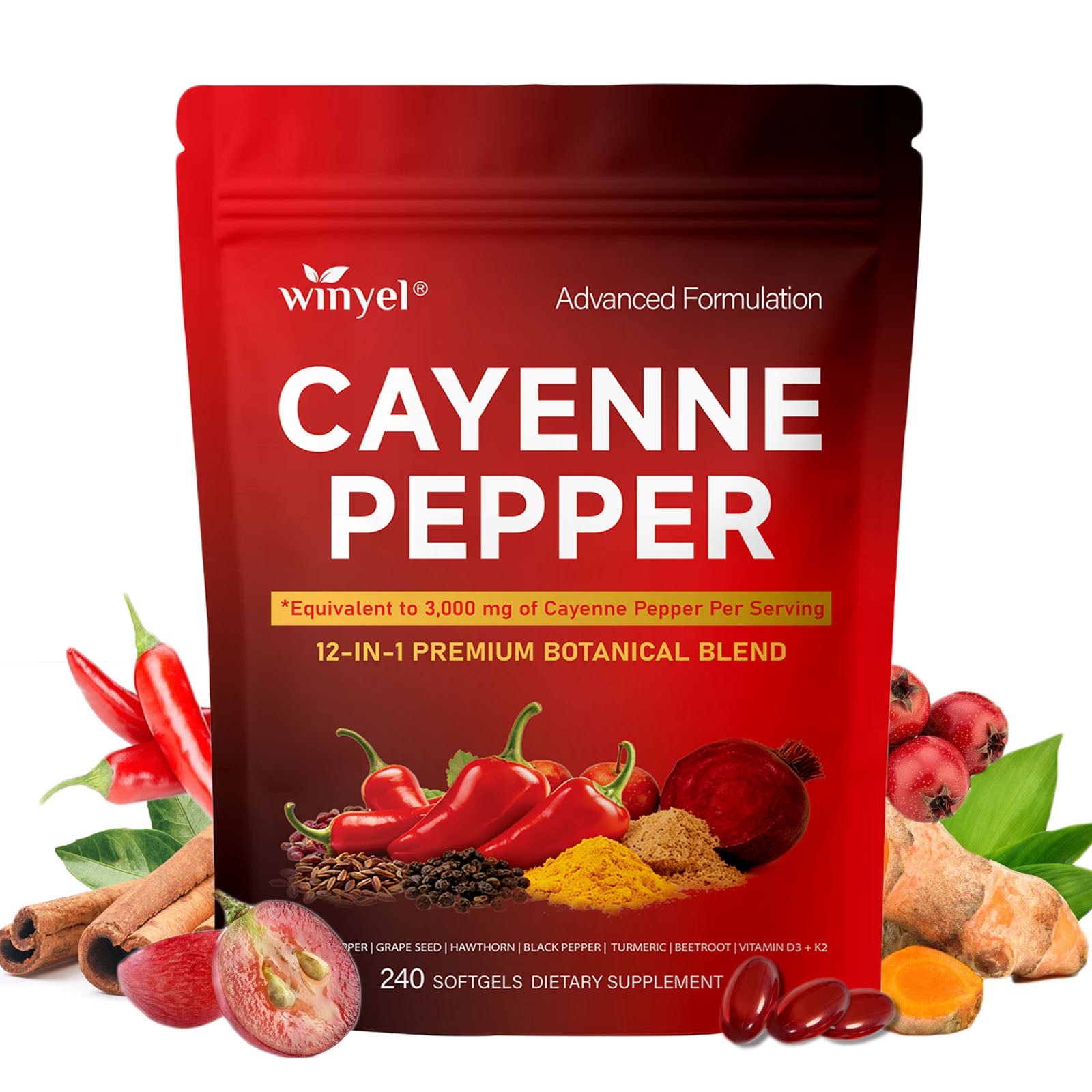 Chili Pepper Softgel Supplement To Support Leg Vein, Heart, And Vascular Health. Contains Vitamins C, D3, And K2, As Well As Extracts Of Grape Seed, Hawthorn, Cinnamon, And Beetroot